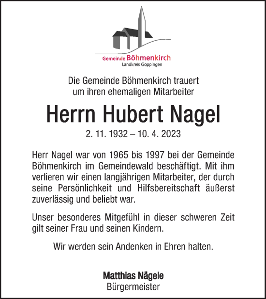 Traueranzeige von Hubert Nagel von Geislinger Zeitung