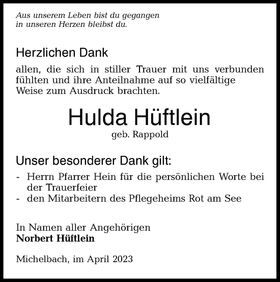 Traueranzeige von Hulda Hüftlein von Hohenloher Tagblatt