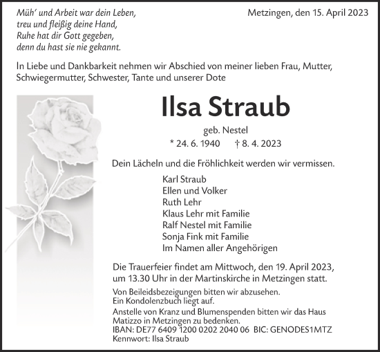 Traueranzeige von Ilsa Straub von Metzinger-Uracher Volksblatt