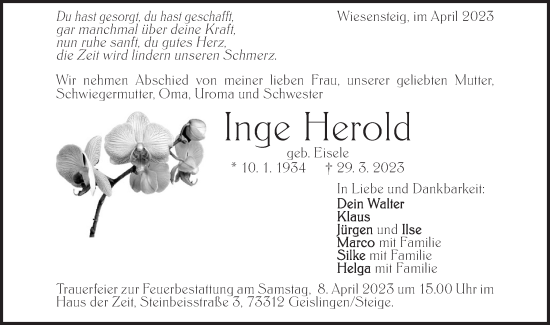 Traueranzeige von Inge Herold von Geislinger Zeitung