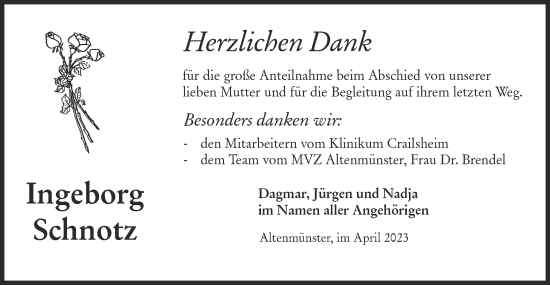 Traueranzeige von Ingeborg Schnotz von Hohenloher Tagblatt