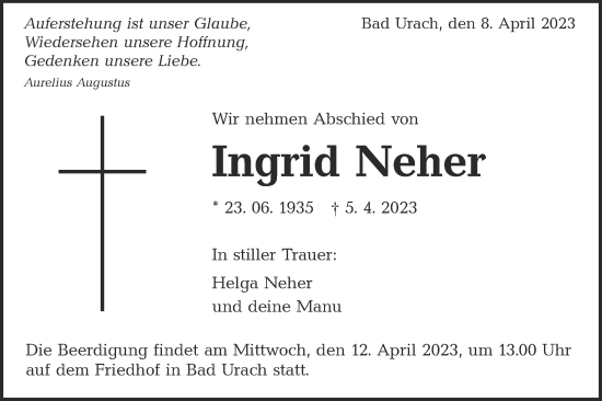 Traueranzeige von Ingrid Neher von Metzinger-Uracher Volksblatt