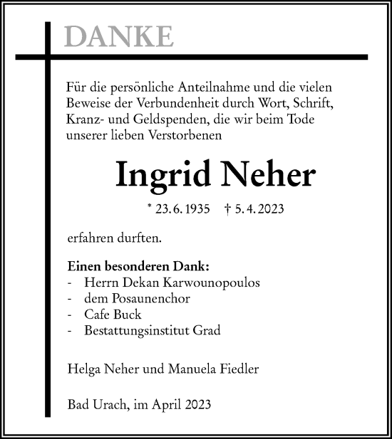 Traueranzeige von Ingrid Neher von Metzinger-Uracher Volksblatt