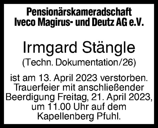 Traueranzeige von Irmgard Stängle von SÜDWEST PRESSE Ausgabe Ulm/Neu-Ulm