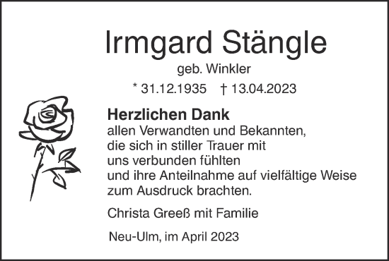 Traueranzeige von Irmgard Stängle von SÜDWEST PRESSE Ausgabe Ulm/Neu-Ulm