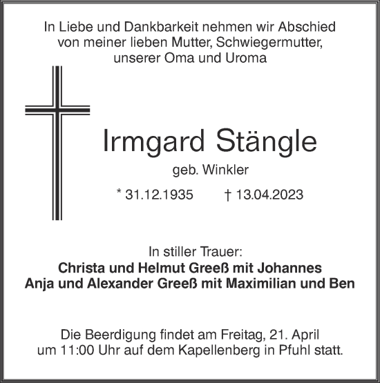 Traueranzeige von Irmgard Stängle von SÜDWEST PRESSE Ausgabe Ulm/Neu-Ulm