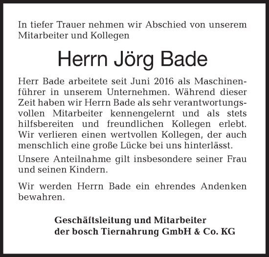 Traueranzeige von Jörg Bade von Hohenloher Tagblatt