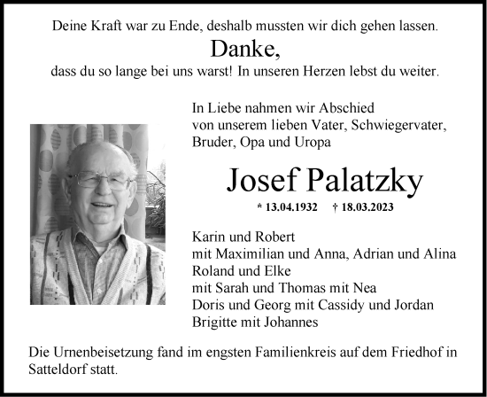 Traueranzeige von Josef Palatzky von Hohenloher Tagblatt