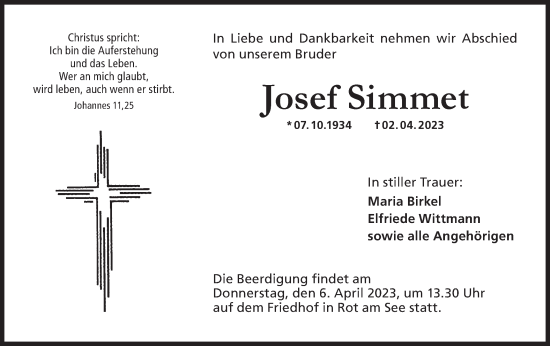 Traueranzeige von Josef Simmet von Hohenloher Tagblatt