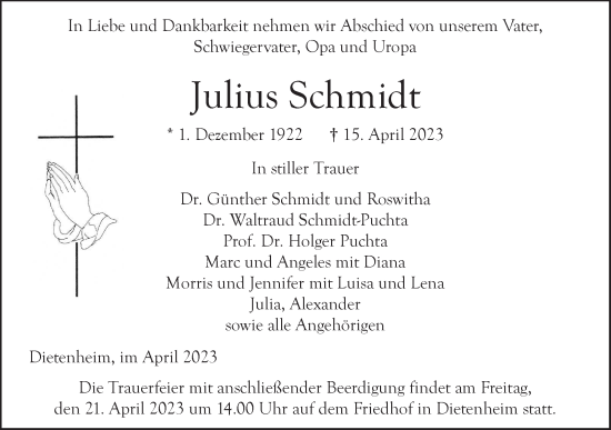 Traueranzeige von Julius Schmidt von SÜDWEST PRESSE Ausgabe Ulm/Neu-Ulm