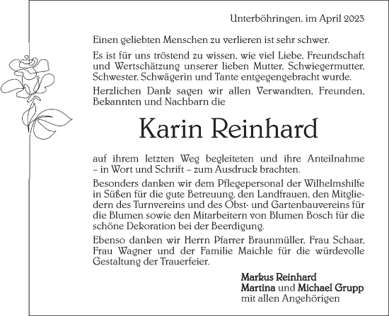 Traueranzeige von Karin Reinhard von Geislinger Zeitung