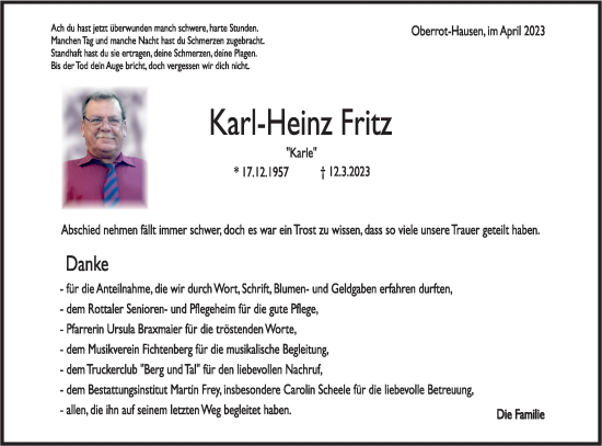 Traueranzeige von Karl-Heinz Fritz von Rundschau Gaildorf