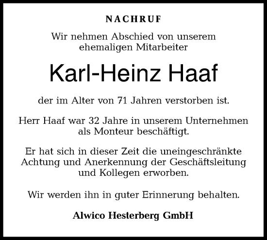 Traueranzeige von Karl-Heinz Haaf von Hohenloher Tagblatt