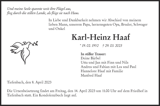 Traueranzeige von Karl-Heinz Haaf von Hohenloher Tagblatt