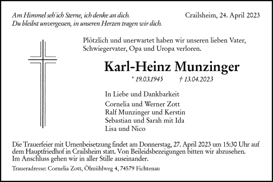 Traueranzeige von Karl-Heinz Munzinger von Hohenloher Tagblatt