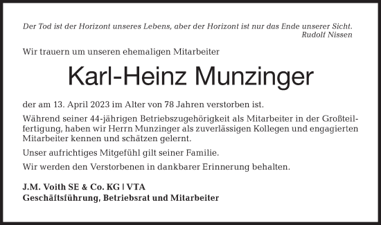 Traueranzeige von Karl-Heinz Munzinger von Hohenloher Tagblatt