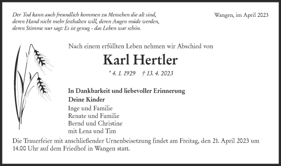 Traueranzeige von Karl Hertler von NWZ Neue Württembergische Zeitung