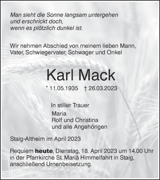 Traueranzeige von Karl Mack von SÜDWEST PRESSE Ausgabe Ulm/Neu-Ulm