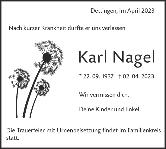 Traueranzeige von Karl Nagel von Metzinger-Uracher Volksblatt