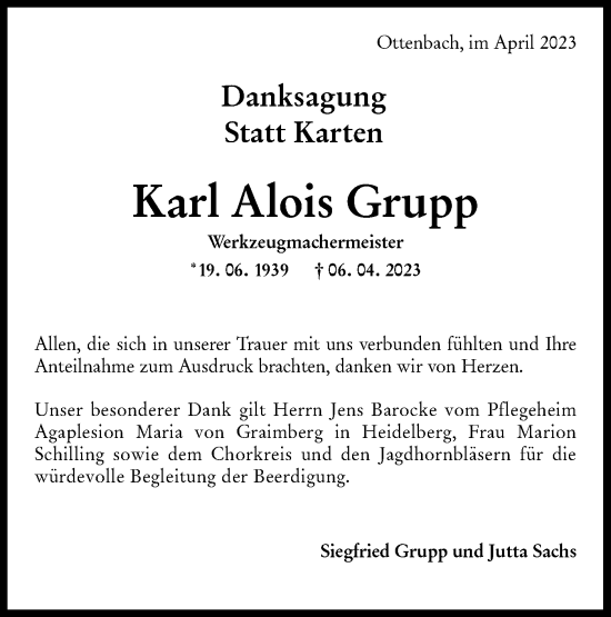 Traueranzeige von Karl Alois Grupp von NWZ Neue Württembergische Zeitung