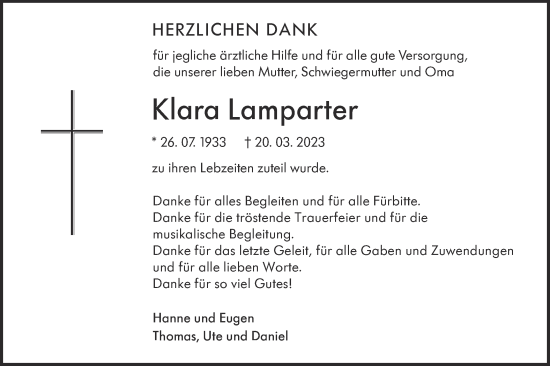 Traueranzeige von Klara Lamparter von Metzinger-Uracher Volksblatt