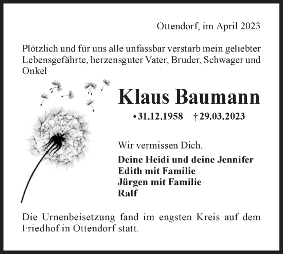 Traueranzeige von Klaus Baumann von Rundschau Gaildorf