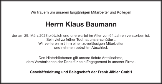 Traueranzeige von Klaus Baumann von Haller Tagblatt