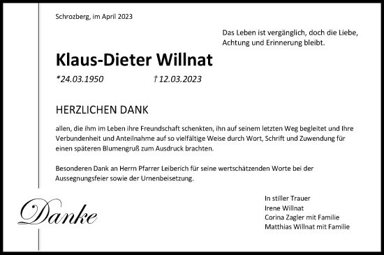 Traueranzeige von Klaus-Dieter Willnat von Hohenloher Tagblatt