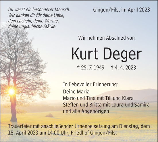 Traueranzeige von Kurt Deger von Geislinger Zeitung