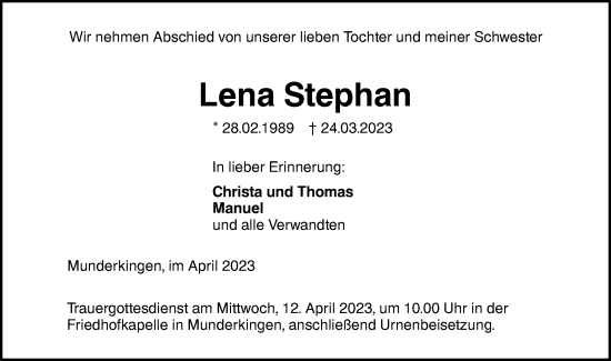 Traueranzeige von Lena Stephan von Ehinger Tagblatt