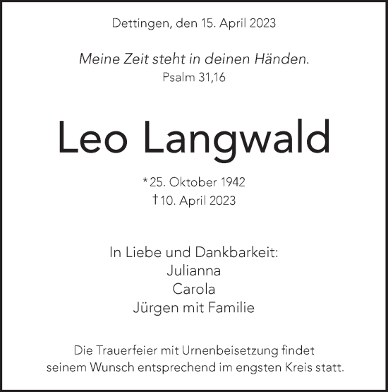 Traueranzeige von Leo Langwald von Metzinger-Uracher Volksblatt