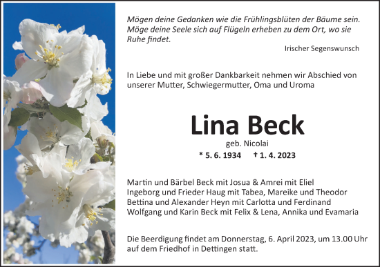 Traueranzeige von Lina Beck von Metzinger-Uracher Volksblatt