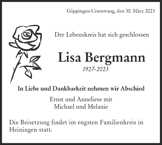 Traueranzeige von Lisa Bergmann von NWZ Neue Württembergische Zeitung