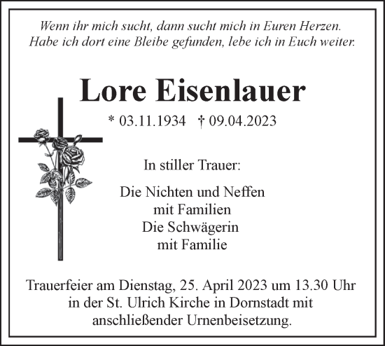 Traueranzeige von Lore Eisenlauer von SÜDWEST PRESSE Ausgabe Ulm/Neu-Ulm