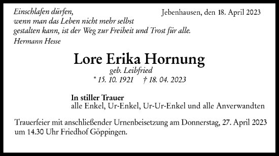 Traueranzeige von Lore Erika Hornung von NWZ Neue Württembergische Zeitung