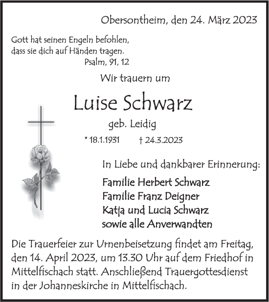 Traueranzeige von Luise Schwarz von Haller Tagblatt