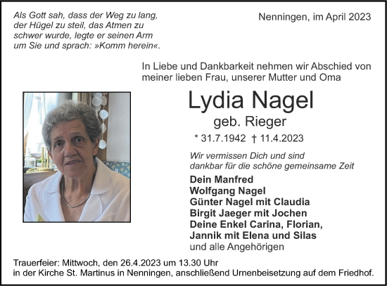 Traueranzeige von Lydia Nagel von NWZ Neue Württembergische Zeitung