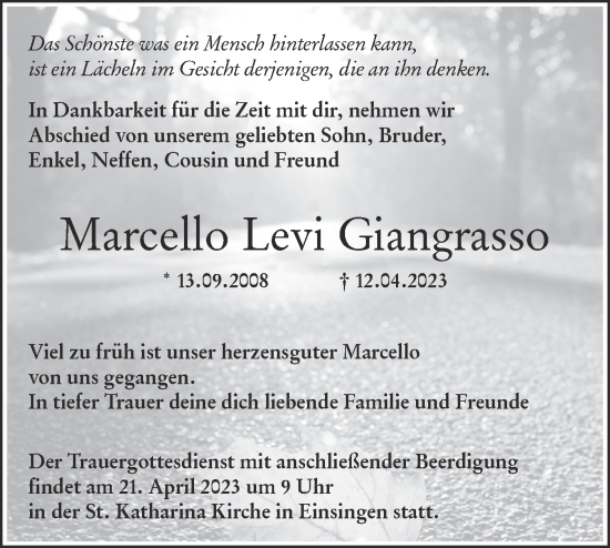 Traueranzeige von Marcello Levi Giangrasso von SÜDWEST PRESSE Ausgabe Ulm/Neu-Ulm