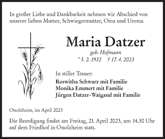 Traueranzeige von Maria Datzer von Hohenloher Tagblatt