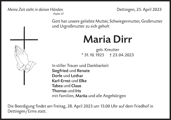 Traueranzeige von Maria Dirr von Metzinger-Uracher Volksblatt