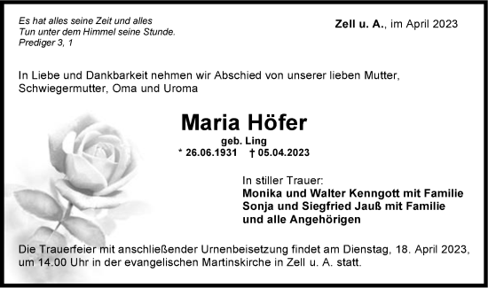 Traueranzeige von Maria Höfer von NWZ Neue Württembergische Zeitung