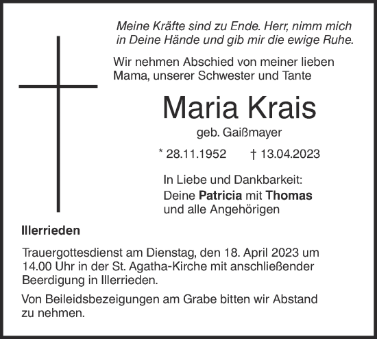 Traueranzeige von Maria Krais von SÜDWEST PRESSE Ausgabe Ulm/Neu-Ulm