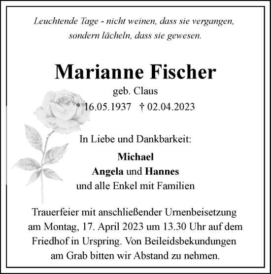 Traueranzeige von Marianne Fischer von SÜDWEST PRESSE Ausgabe Ulm/Neu-Ulm