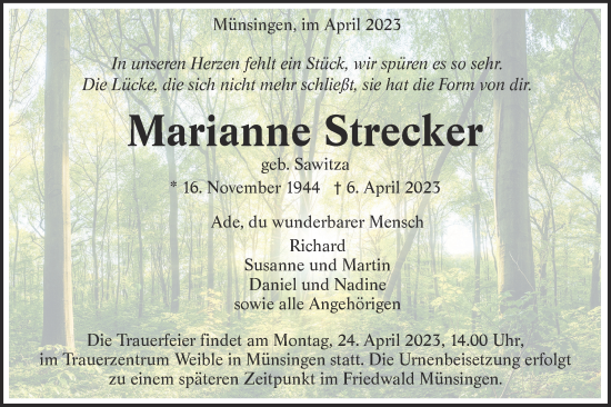 Traueranzeige von Marianne Strecker von Alb-Bote/Metzinger-Uracher Volksblatt