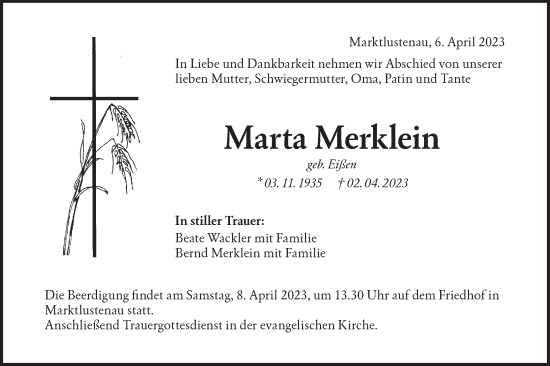 Traueranzeige von Marta Merklein von Hohenloher Tagblatt