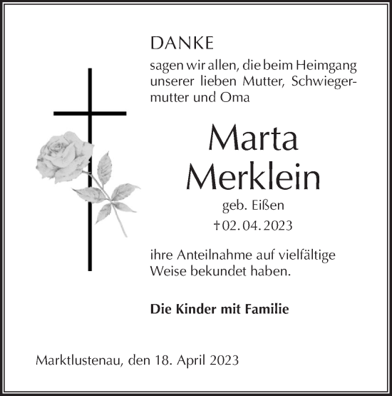 Traueranzeige von Marta Merklein von Hohenloher Tagblatt