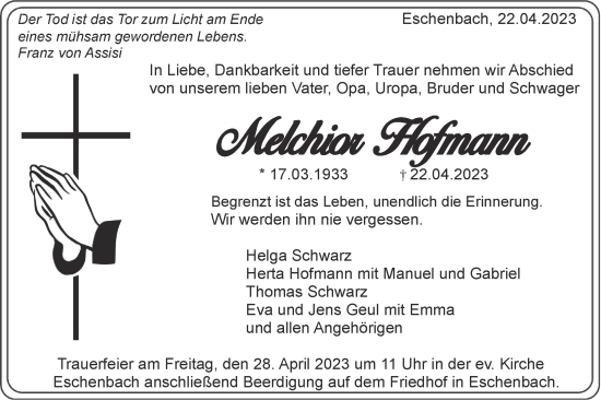 Traueranzeige von Melchior Hofmann von NWZ Neue Württembergische Zeitung