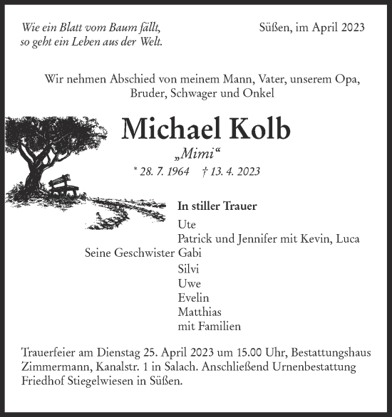 Traueranzeige von Michael Kolb von NWZ Neue Württembergische Zeitung