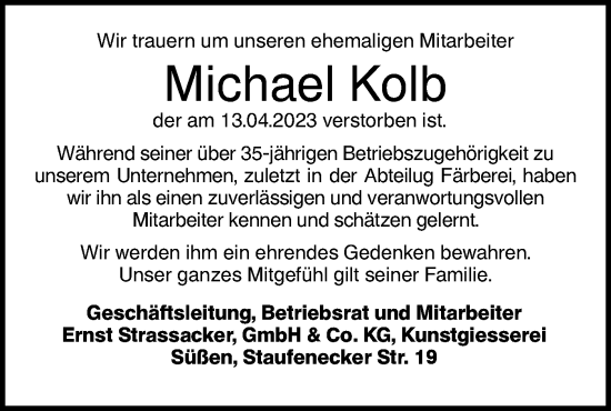 Traueranzeige von Michael Kolb von NWZ Neue Württembergische Zeitung