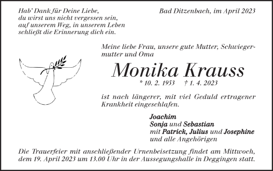 Traueranzeige von Monika Krauss von Geislinger Zeitung